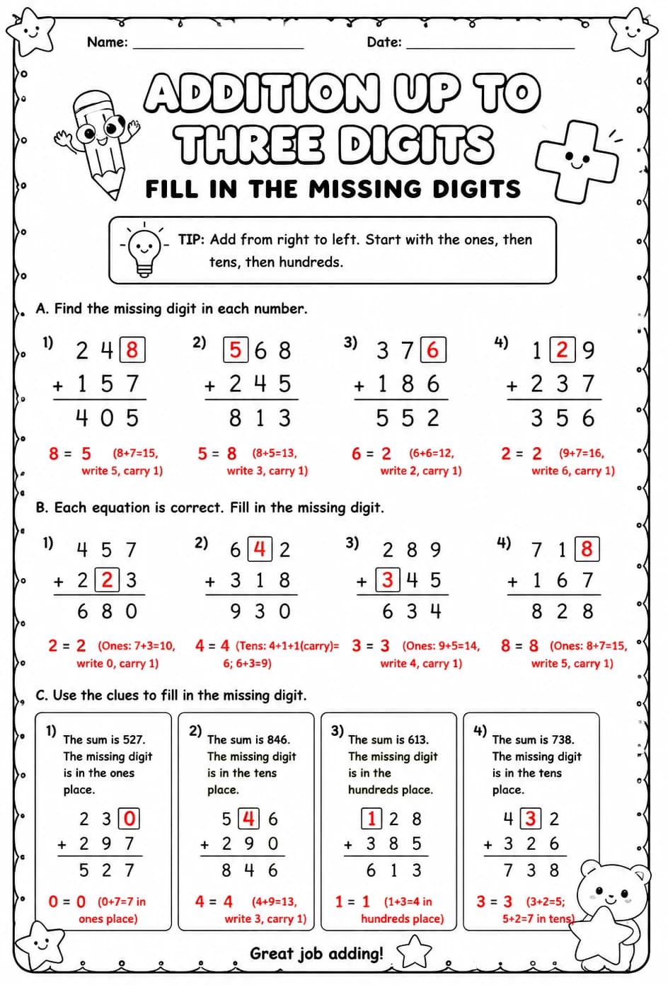 Answer key for Addition up to three digits - fill in the missing digits — free printable Math worksheet