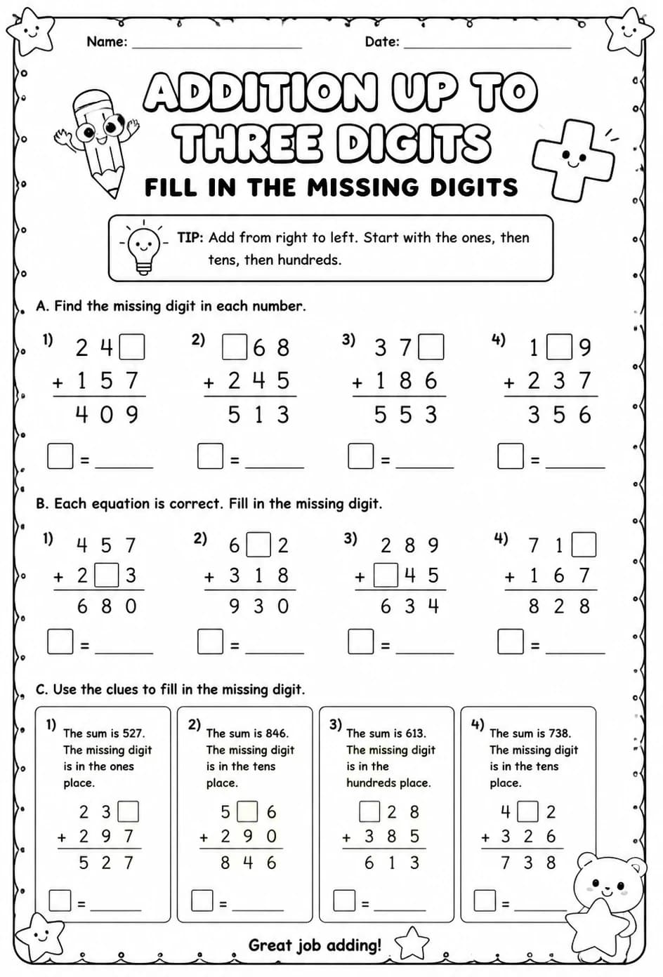 Addition up to three digits - fill in the missing digits — free printable Grade 2 math worksheet