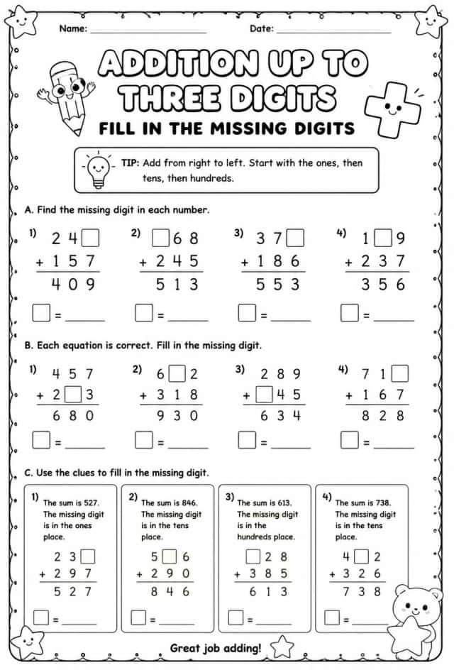 Addition up to three digits - fill in the missing digits