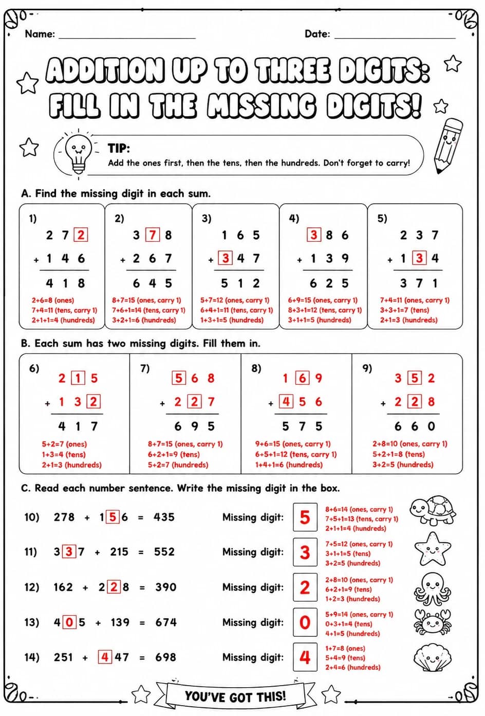Answer key for Addition up to three digits: fill in the missing digits — free printable Math worksheet