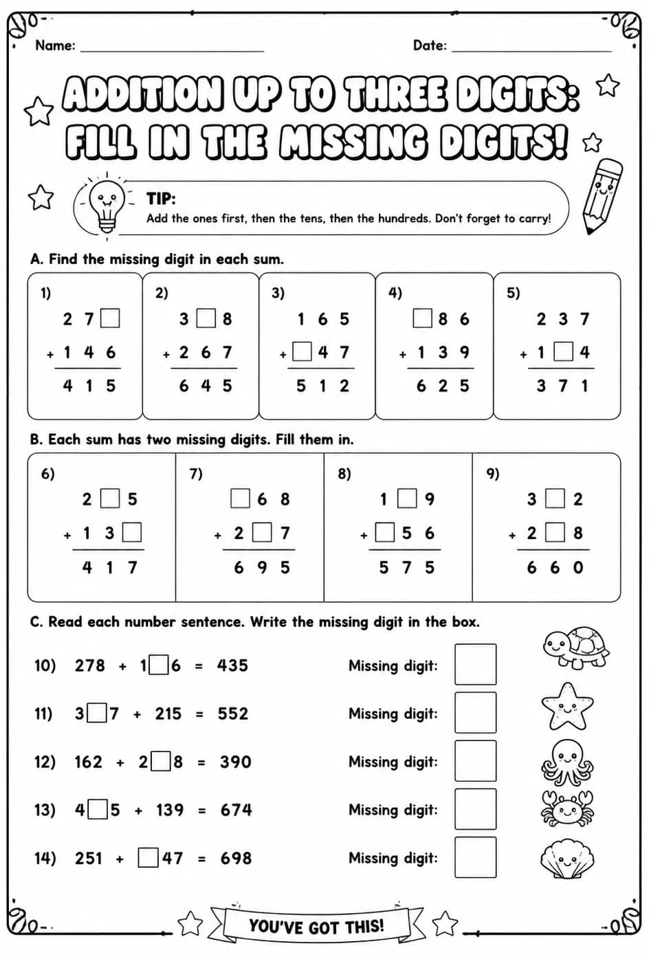 Addition up to three digits: fill in the missing digits — free printable Grade 3 math worksheet
