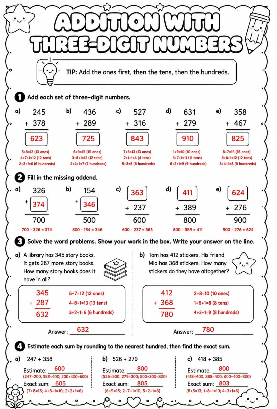 Answer key for Addition with three-digit numbers — free printable Math worksheet