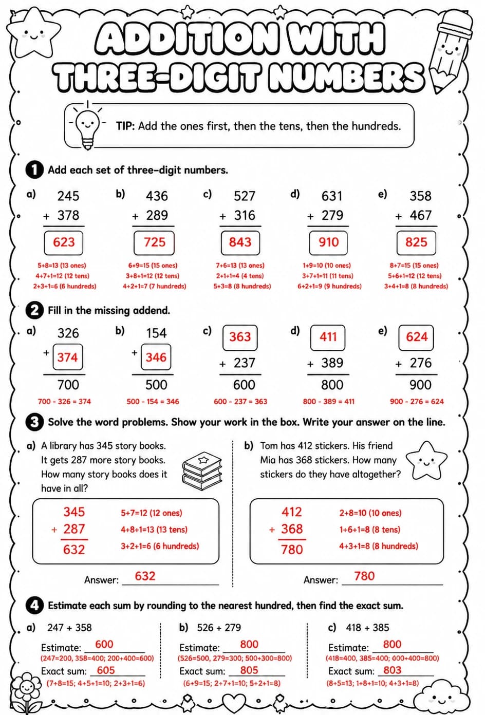 Answer key for Addition with three-digit numbers — free printable Math worksheet