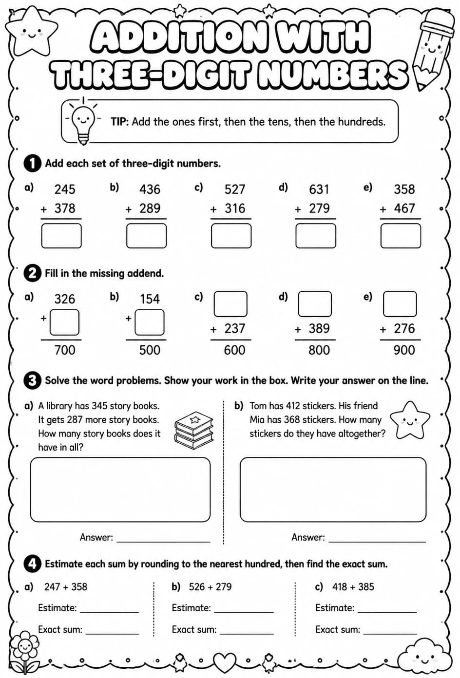 Addition with three-digit numbers — free printable Grade 2 math worksheet