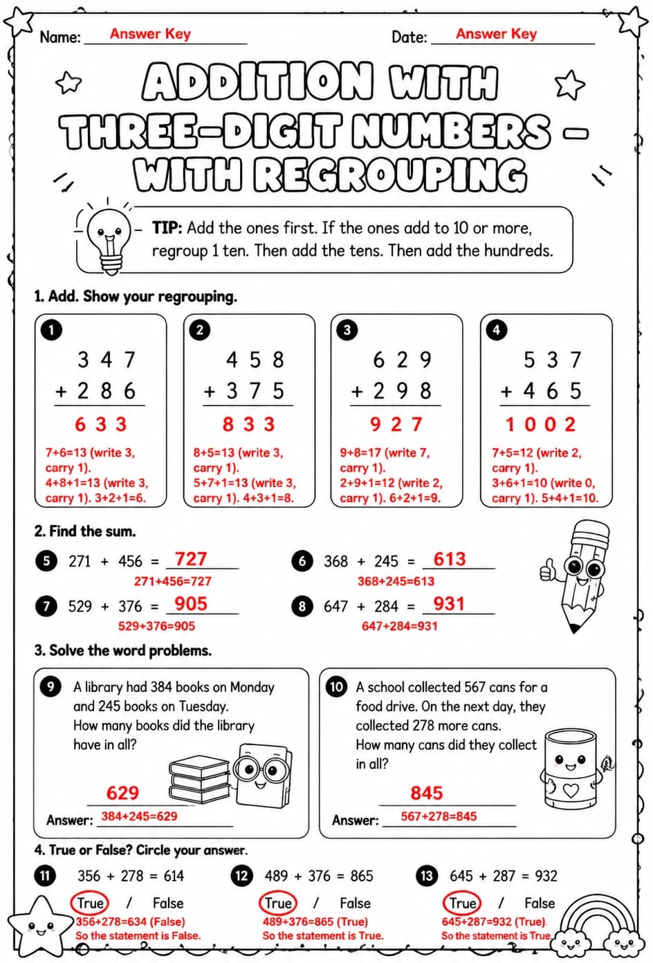 Answer key for Addition with three-digit numbers - with regrouping — free printable Math worksheet