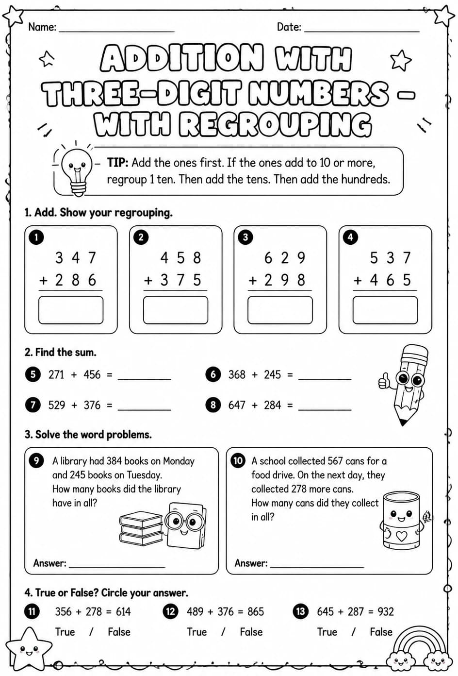 Addition with three-digit numbers - with regrouping — free printable Grade 2 math worksheet
