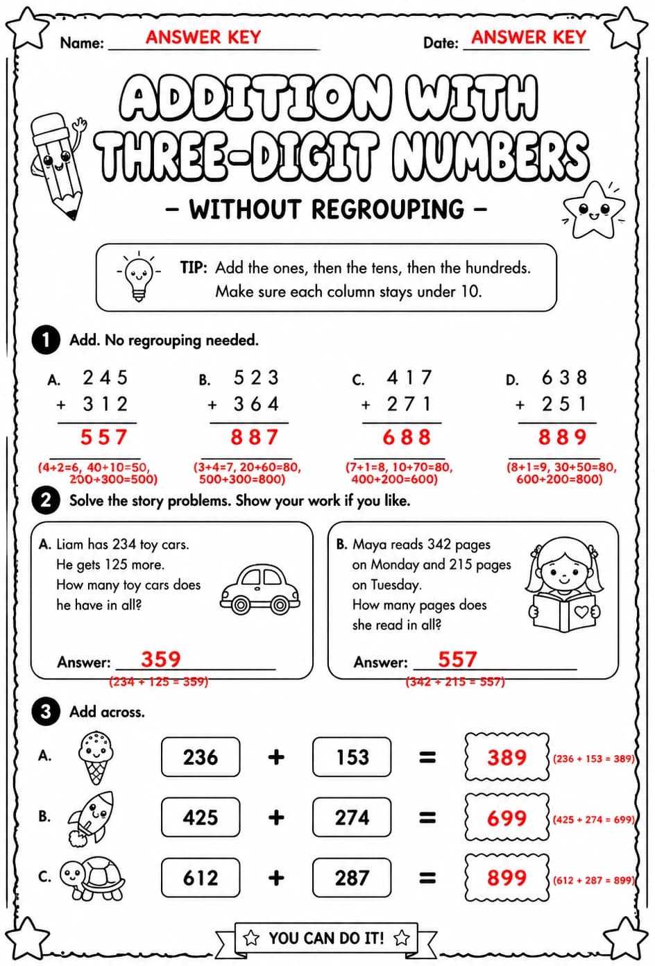Answer key for Addition with three-digit numbers - without regrouping — free printable Math worksheet