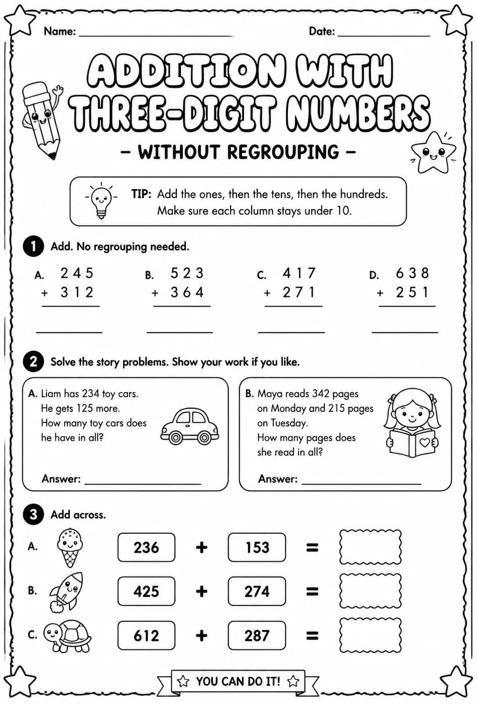 Addition with three-digit numbers - without regrouping — free printable Grade 2 math worksheet