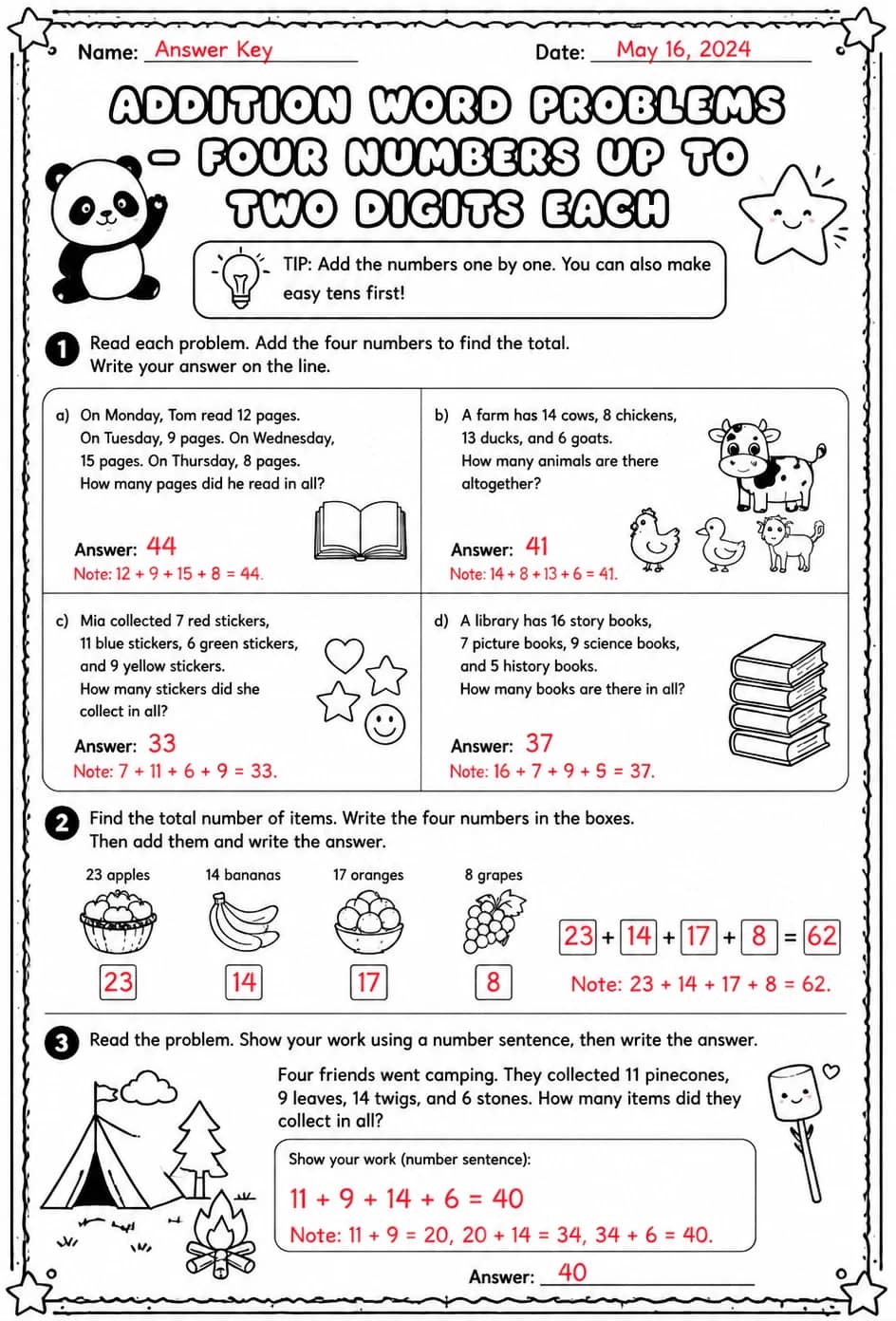 Answer key for Addition word problems - four numbers up to two digits each — free printable Math worksheet