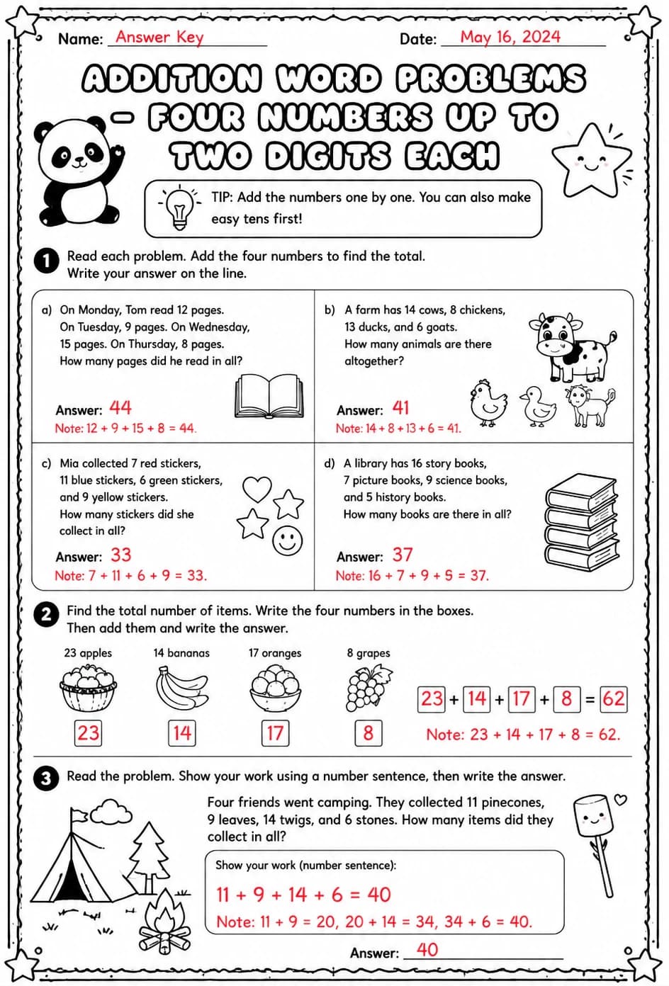 Answer key for Addition word problems - four numbers up to two digits each — free printable Math worksheet