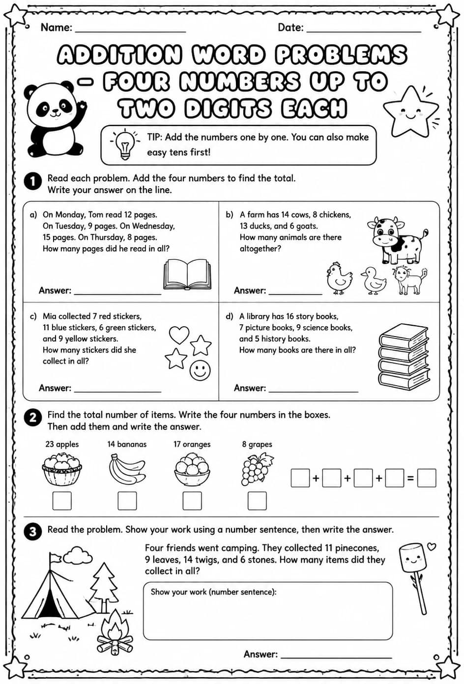 Addition word problems - four numbers up to two digits each — free printable Grade 2 math worksheet
