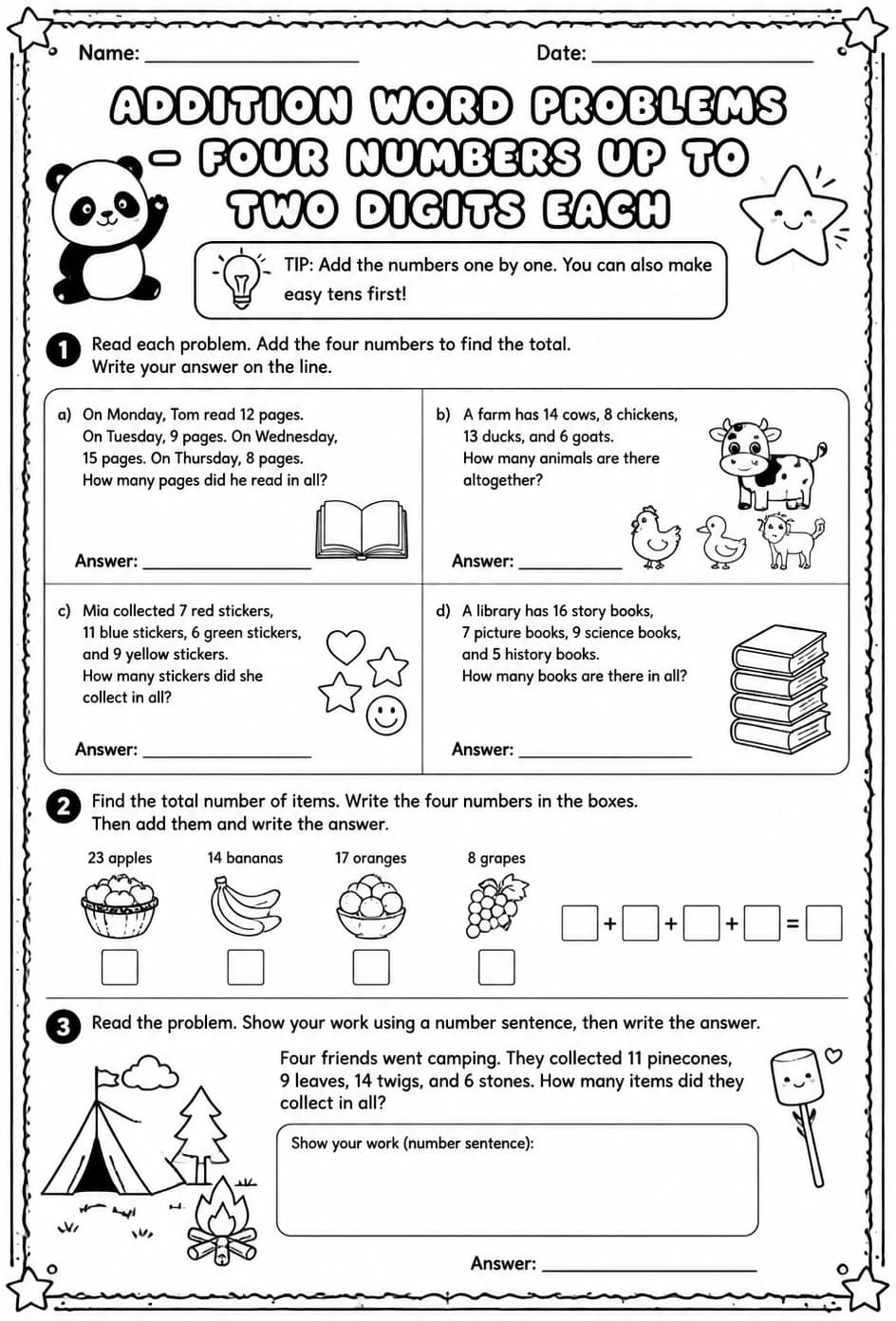 Addition word problems - four numbers up to two digits each — free printable Grade 2 math worksheet