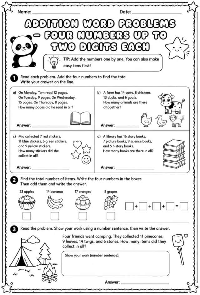 Addition word problems - four numbers up to two digits each