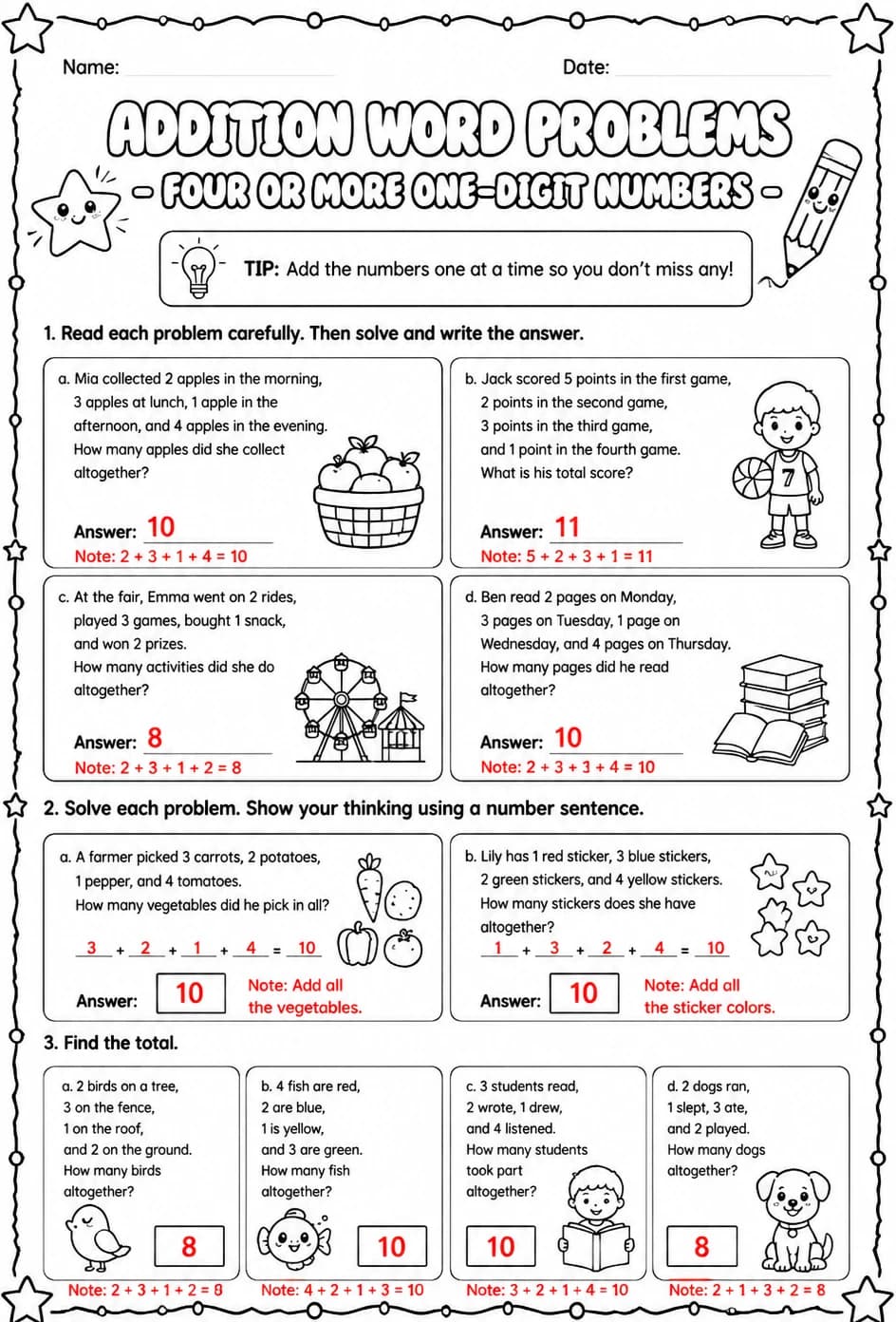 Answer key for Addition word problems - four or more one-digit numbers — free printable Math worksheet