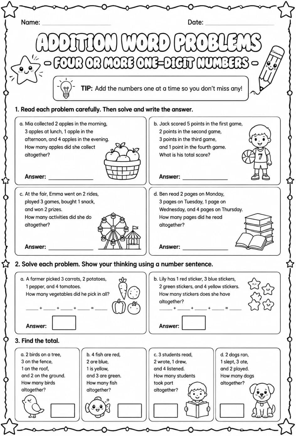 Addition word problems - four or more one-digit numbers — free printable Grade 2 math worksheet