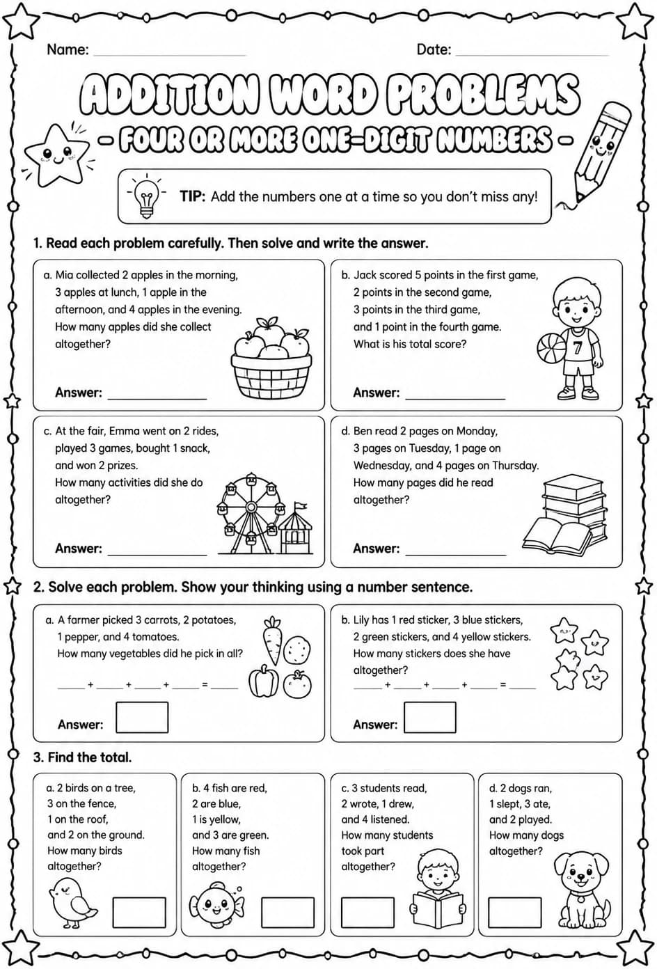 Addition word problems - four or more one-digit numbers — free printable Grade 2 math worksheet