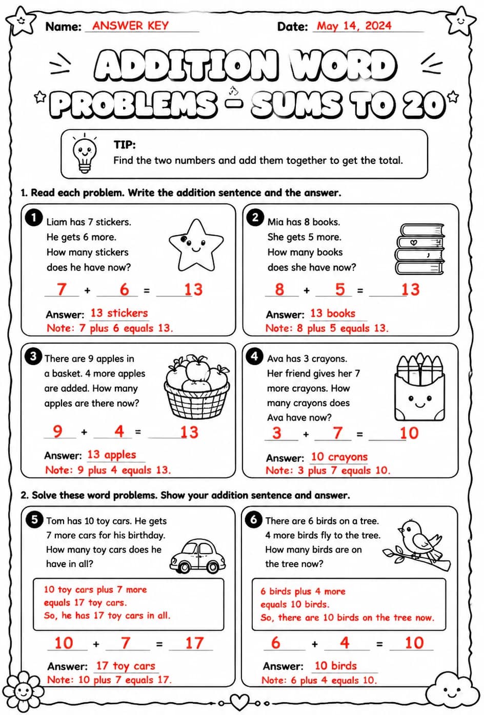 Answer key for Addition word problems - sums to 20 — free printable Math worksheet