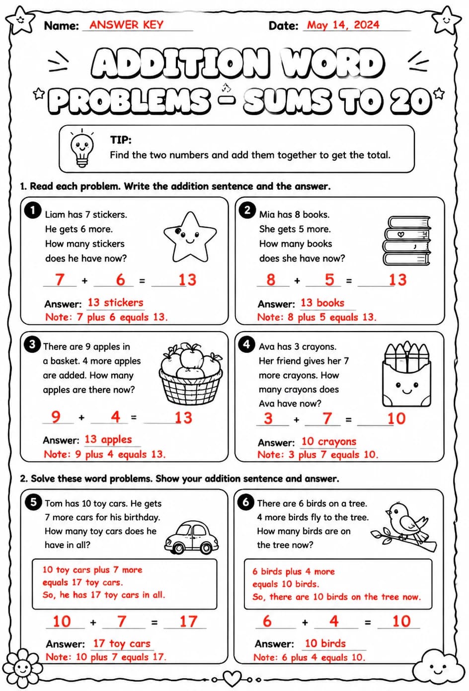 Answer key for Addition word problems - sums to 20 — free printable Math worksheet