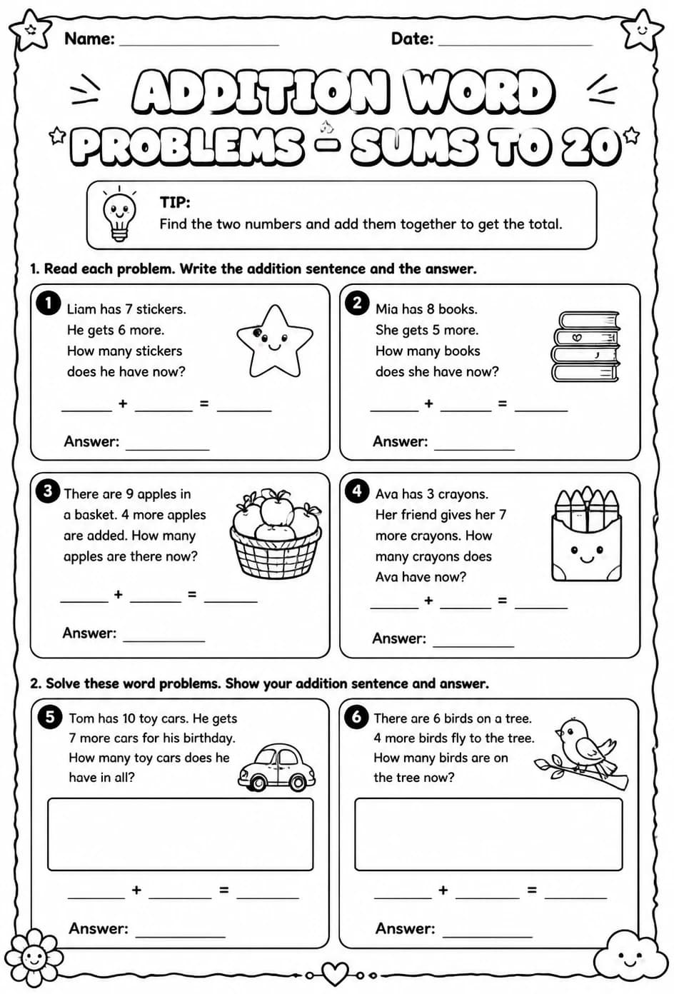 Addition word problems - sums to 20 — free printable Grade 2 math worksheet