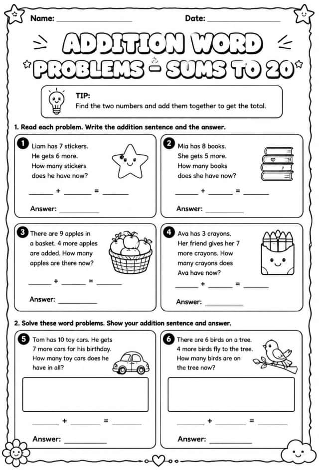Addition word problems - sums to 20