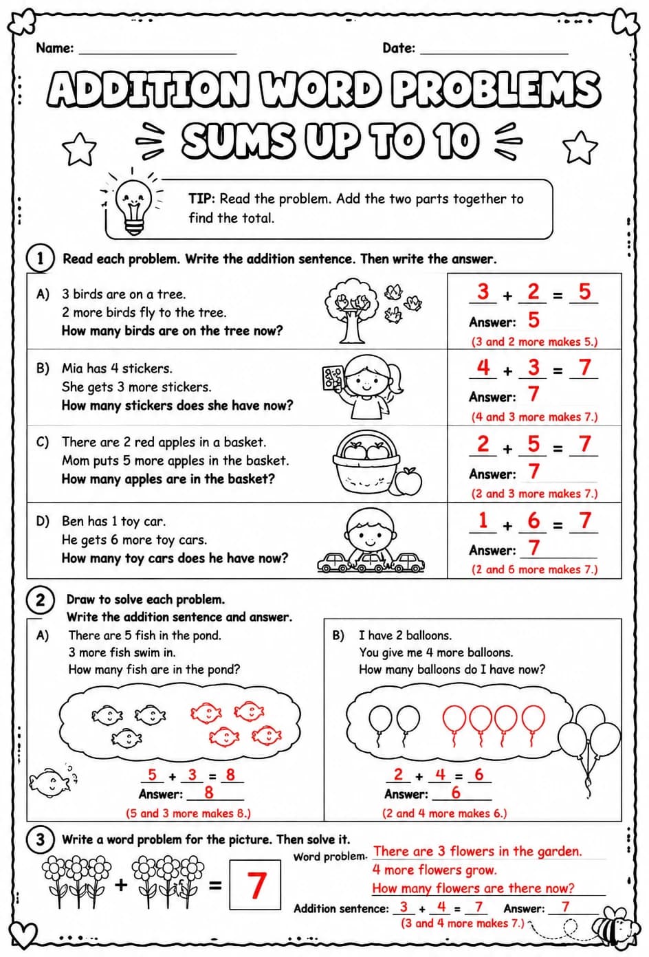 Answer key for Addition word problems - sums up to 10 — free printable Math worksheet