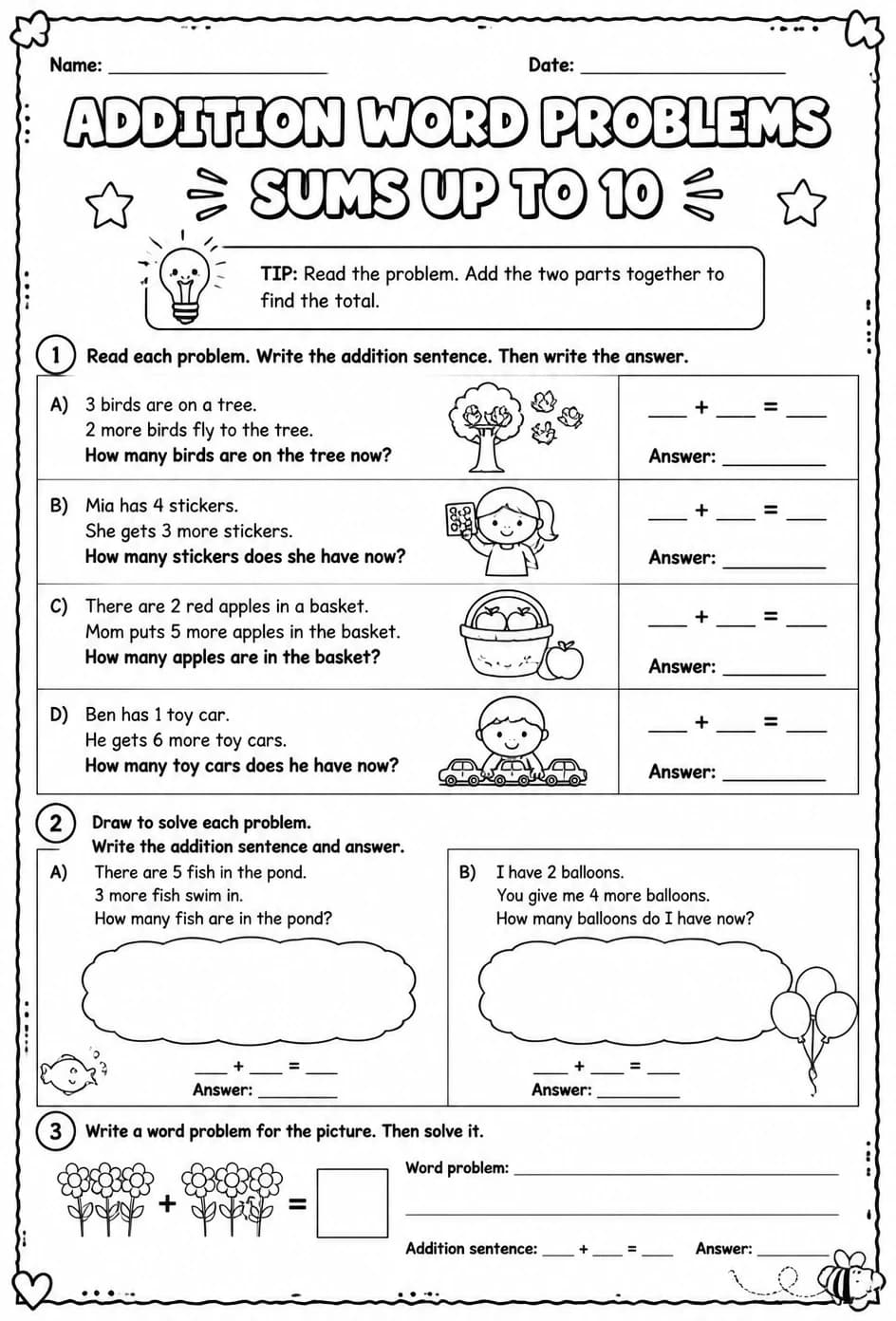 Addition word problems - sums up to 10 — free printable Grade 1 math worksheet