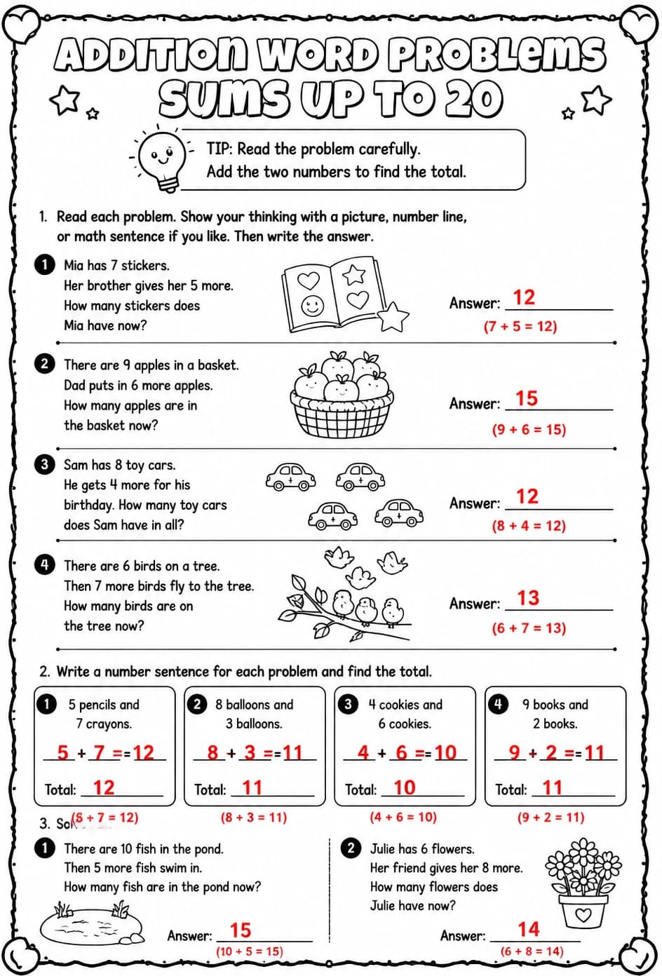 Answer key for Addition word problems - sums up to 20 — free printable Math worksheet