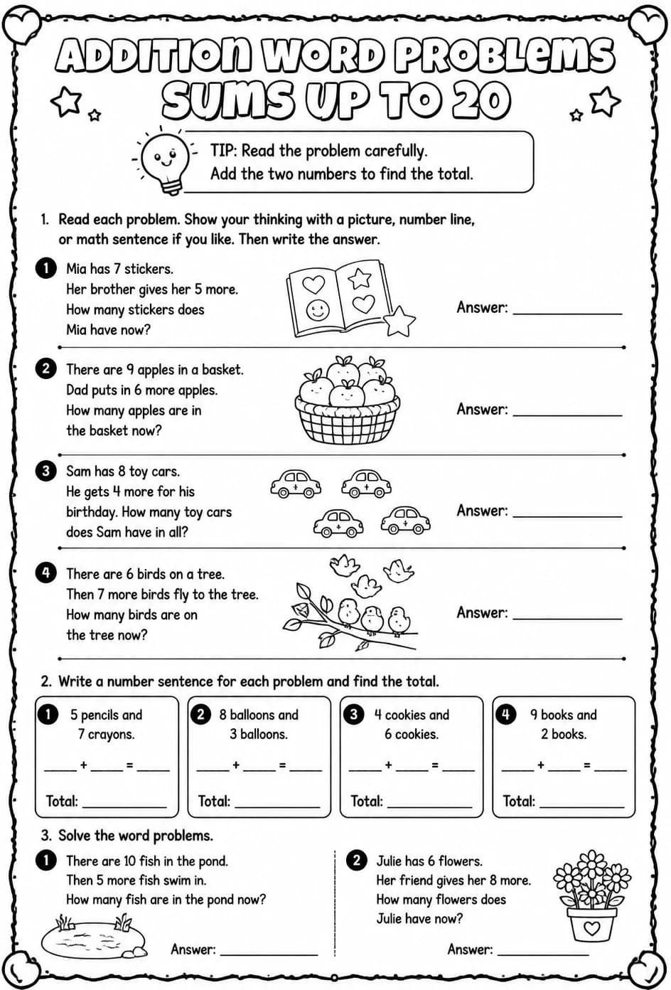 Addition word problems - sums up to 20 — free printable Grade 1 math worksheet