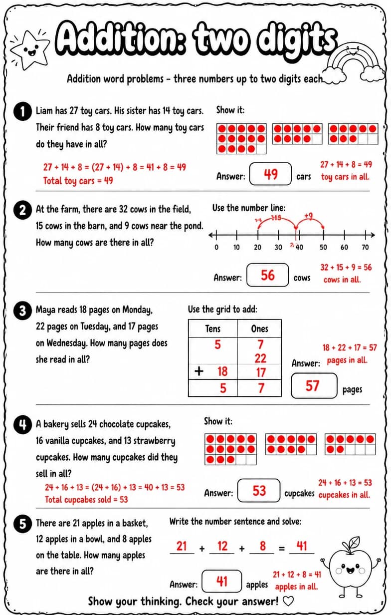 Answer key for Addition word problems - three numbers up to two digits each — free printable Math worksheet