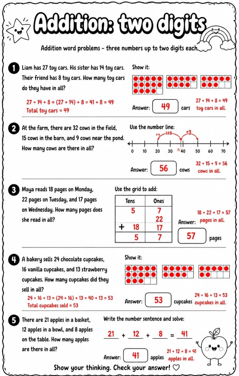 Answer key for Addition word problems - three numbers up to two digits each — free printable Math worksheet