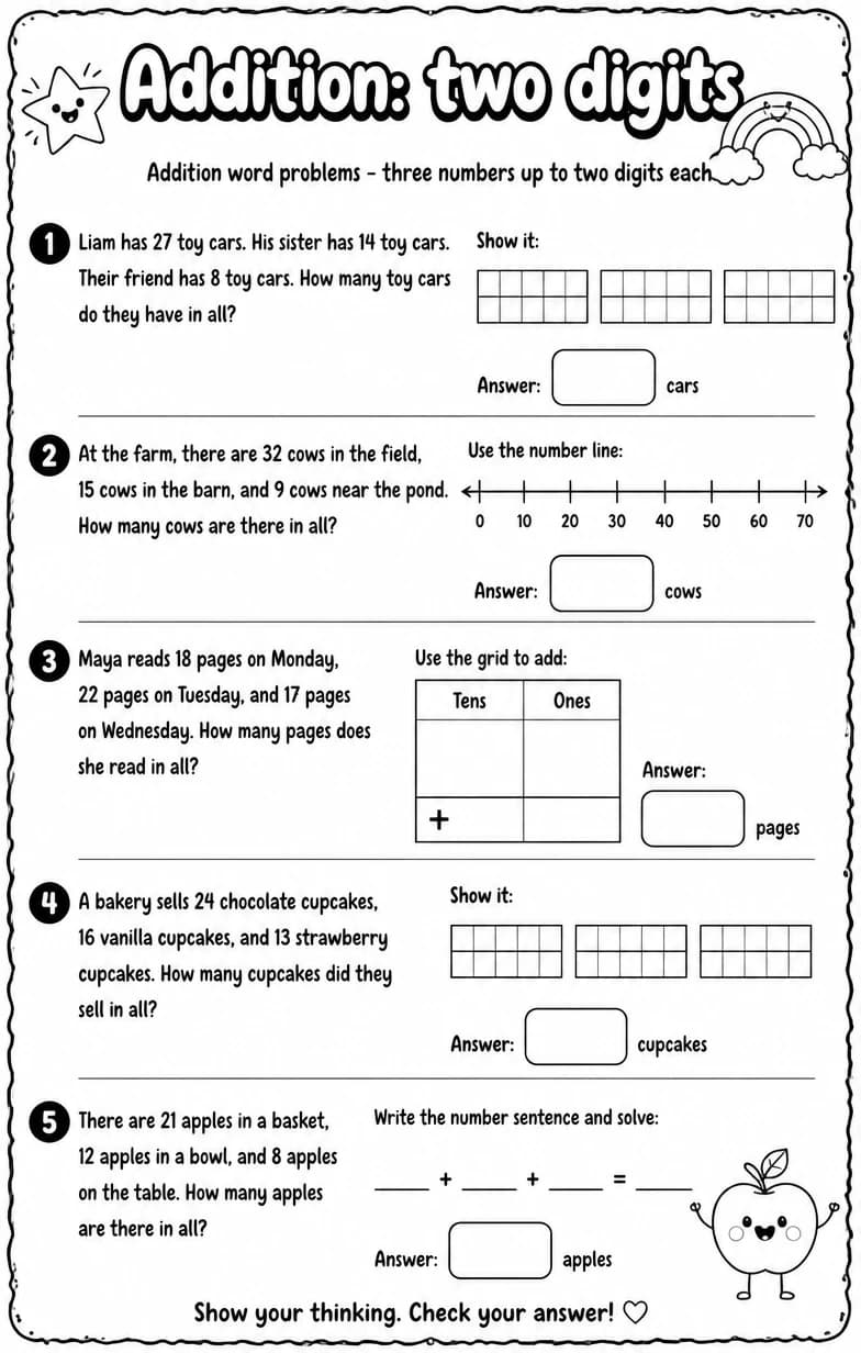 Addition word problems - three numbers up to two digits each — free printable Grade 2 Math worksheet
