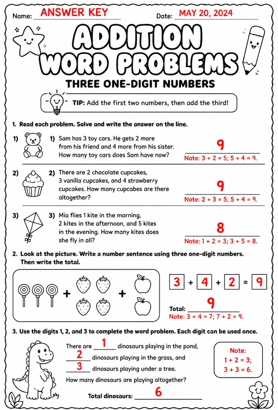 Answer key for Addition word problems - three one-digit numbers — free printable Math worksheet