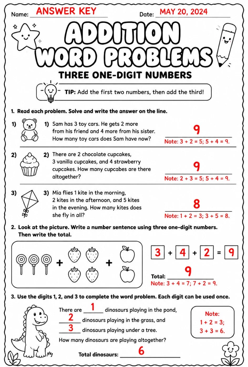 Answer key for Addition word problems - three one-digit numbers — free printable Math worksheet