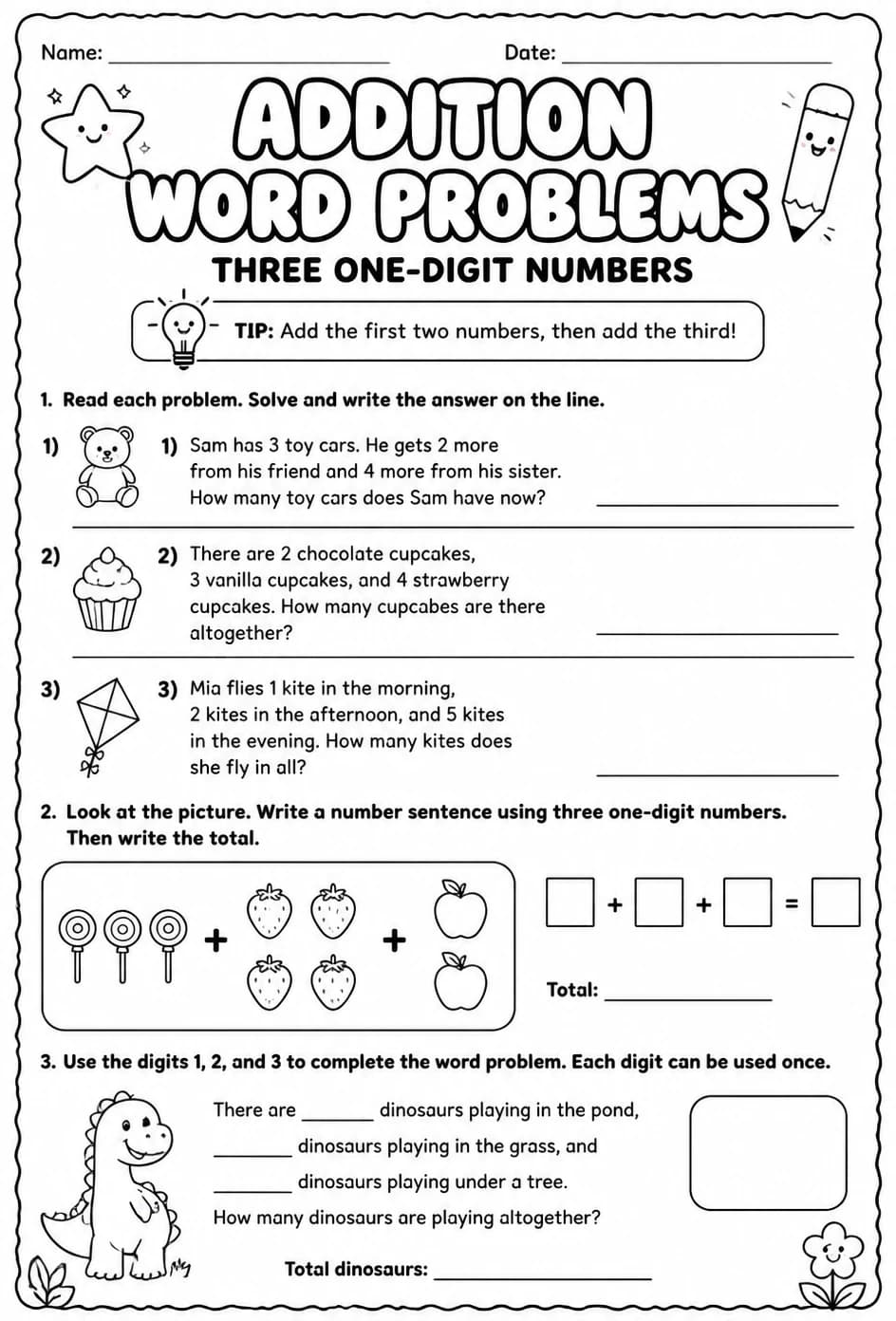 Addition word problems - three one-digit numbers — free printable Grade 2 math worksheet