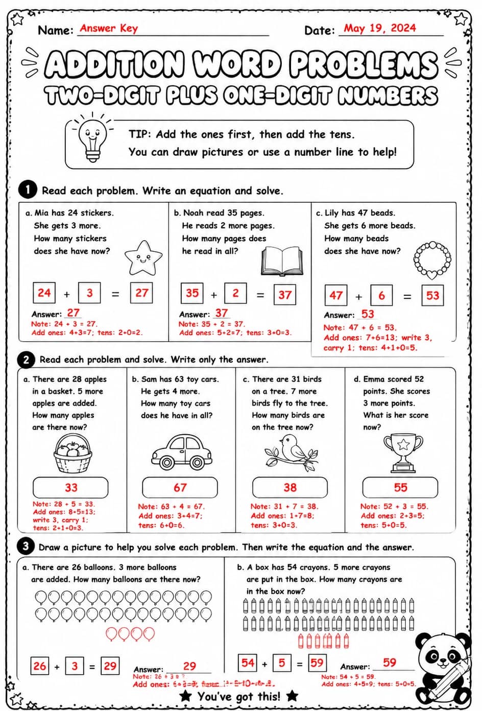 Answer key for Addition word problems - two-digit plus one-digit numbers — free printable Math worksheet