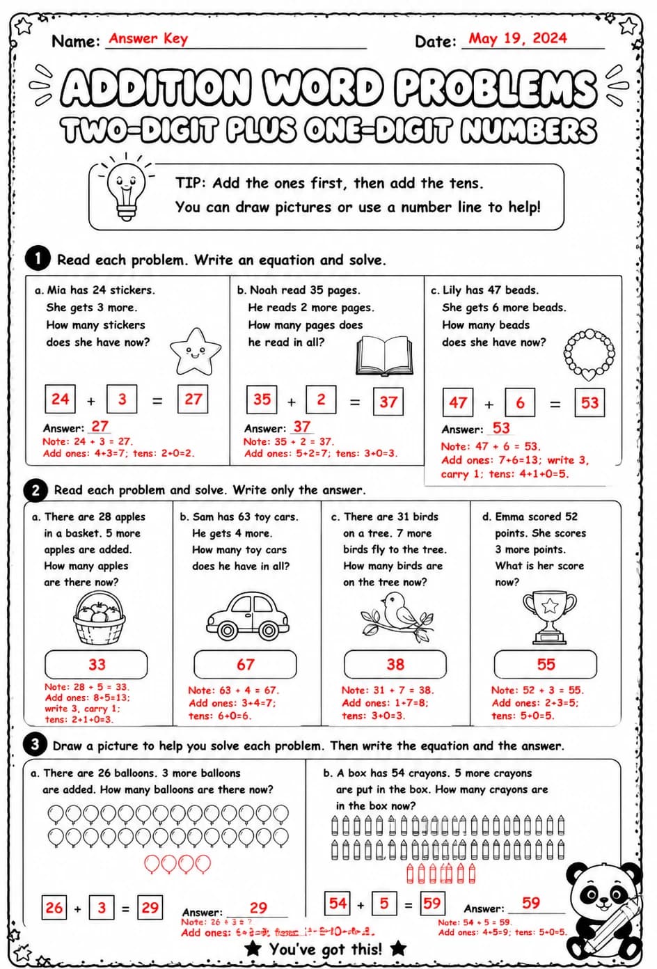 Answer key for Addition word problems - two-digit plus one-digit numbers — free printable Math worksheet