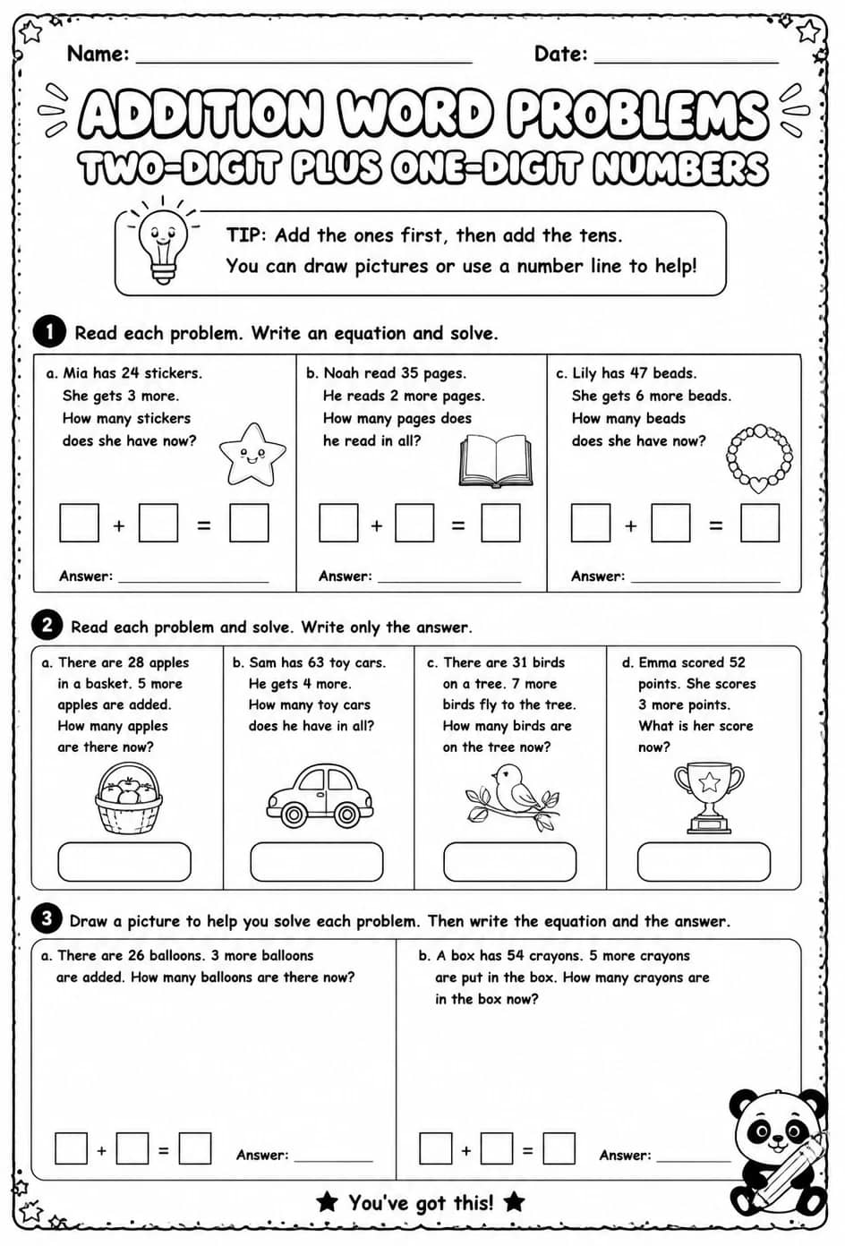 Addition word problems - two-digit plus one-digit numbers — free printable Grade 1 math worksheet