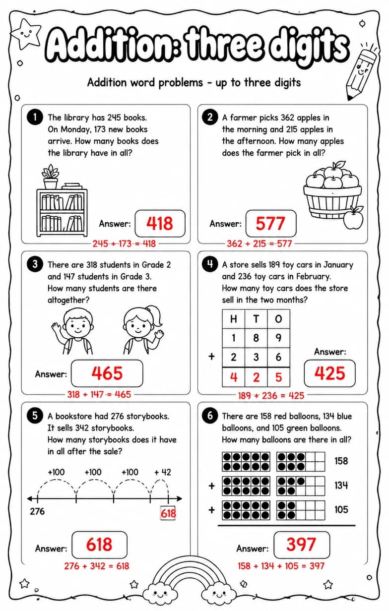 Answer key for Addition word problems - up to three digits — free printable Math worksheet