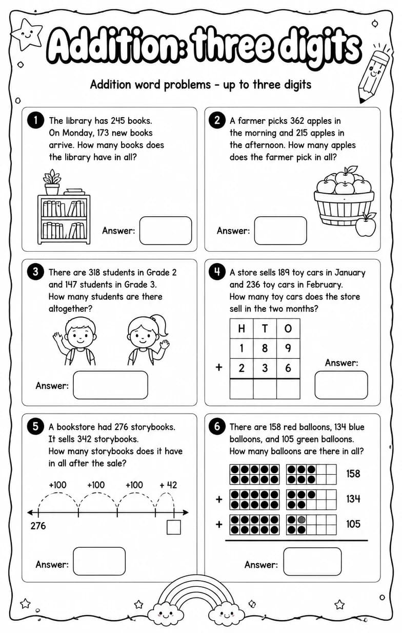 Addition word problems - up to three digits — free printable Grade 2 Math worksheet