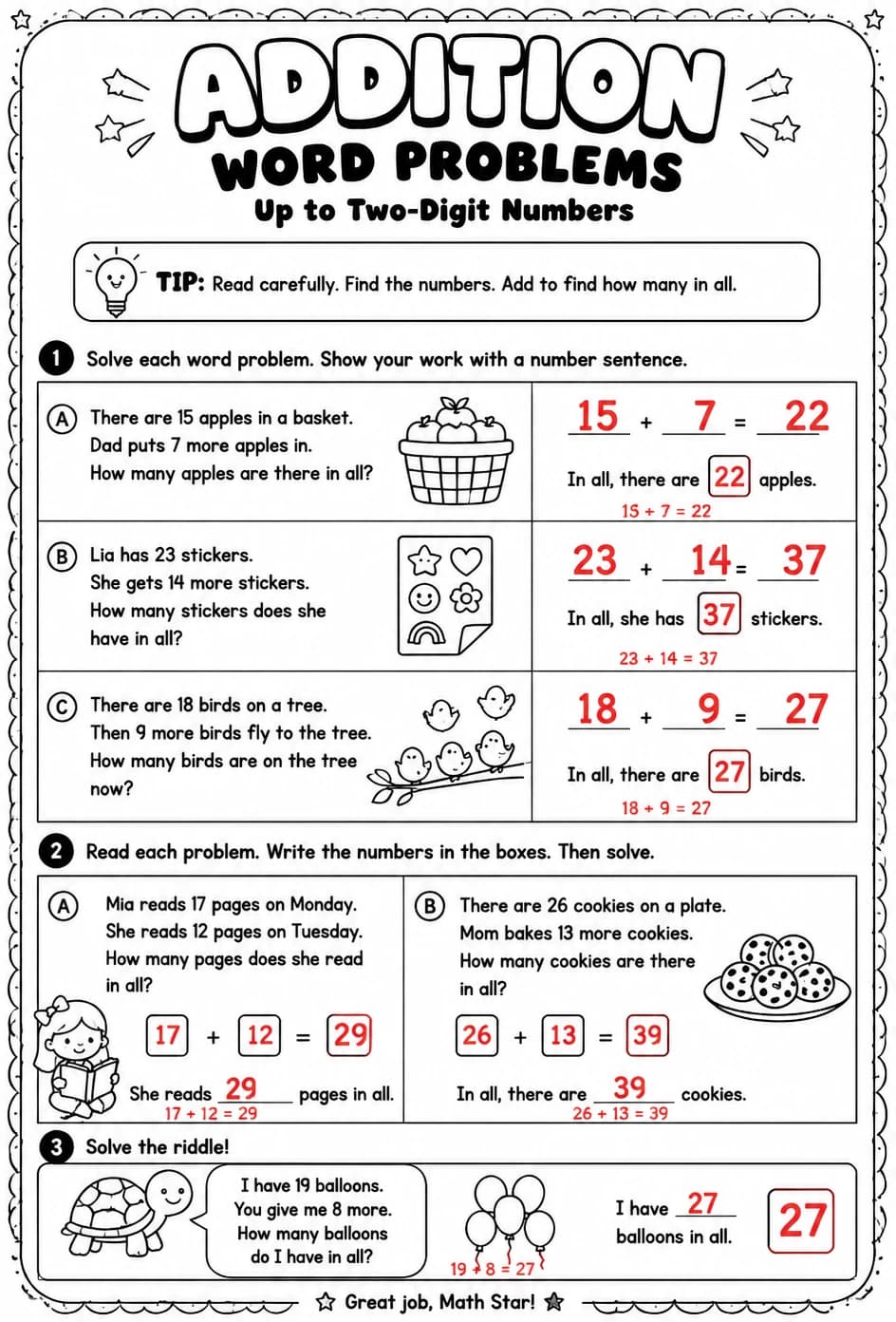 Answer key for Addition word problems - up to two-digit numbers — free printable Math worksheet