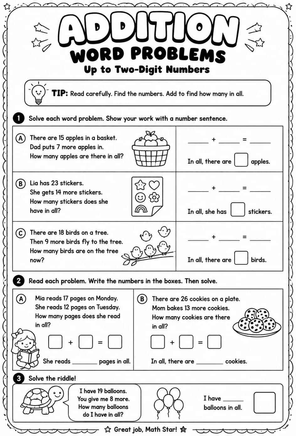 Addition word problems - up to two-digit numbers — free printable Grade 1 math worksheet