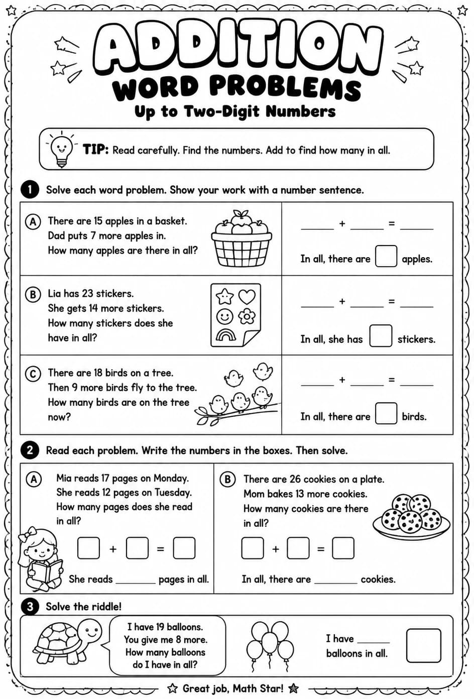 Addition word problems - up to two-digit numbers — free printable Grade 1 math worksheet