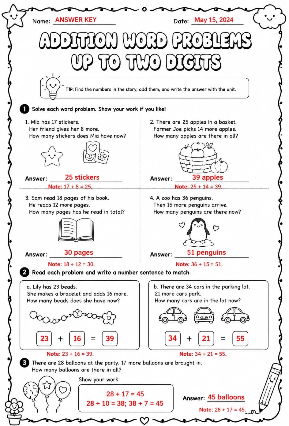 Answer key for Addition word problems - up to two digits — free printable Math worksheet