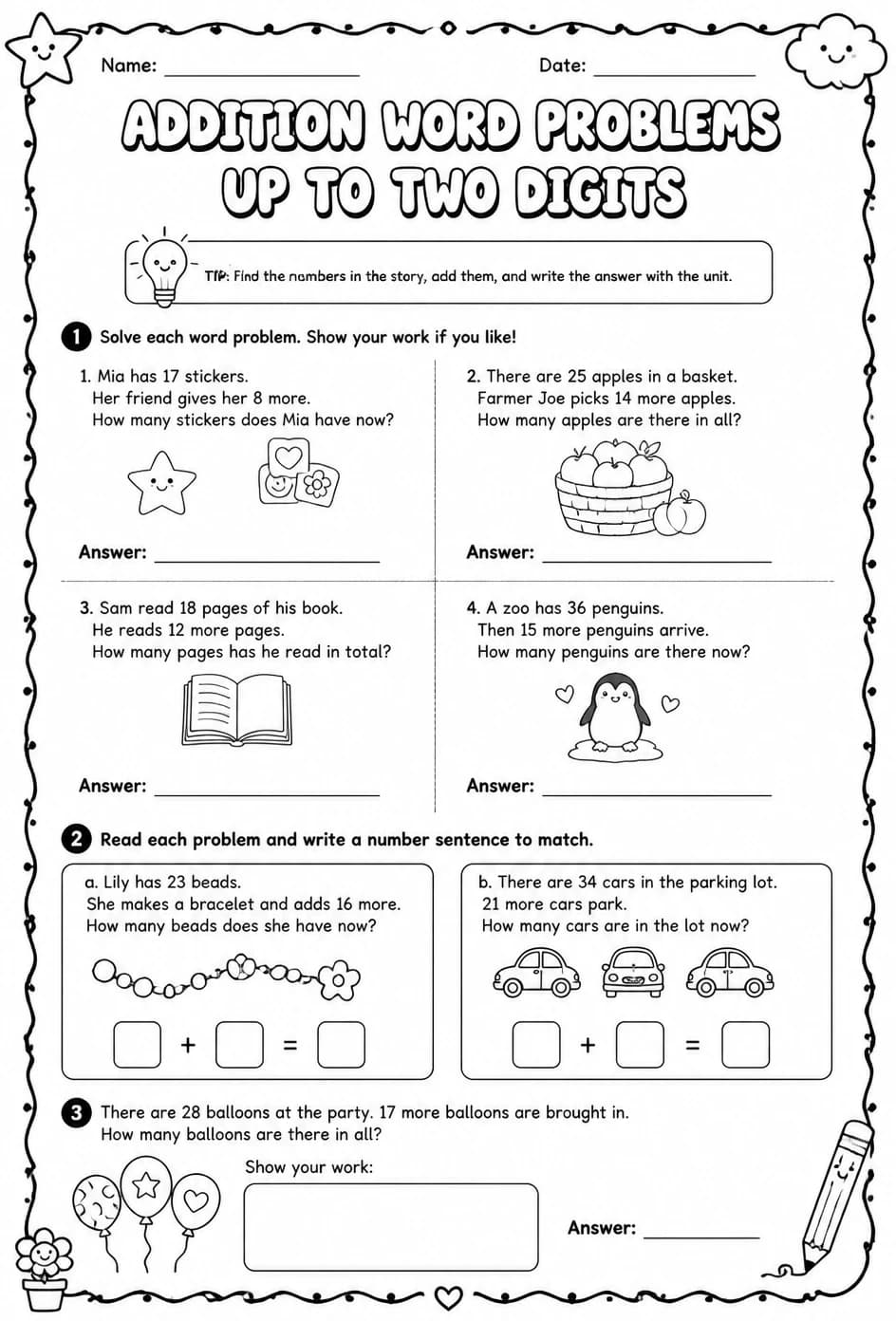 Addition word problems - up to two digits — free printable Grade 2 math worksheet