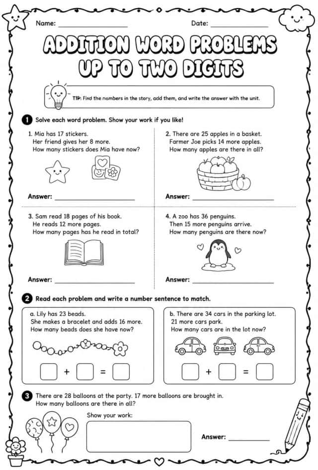 Addition word problems - up to two digits