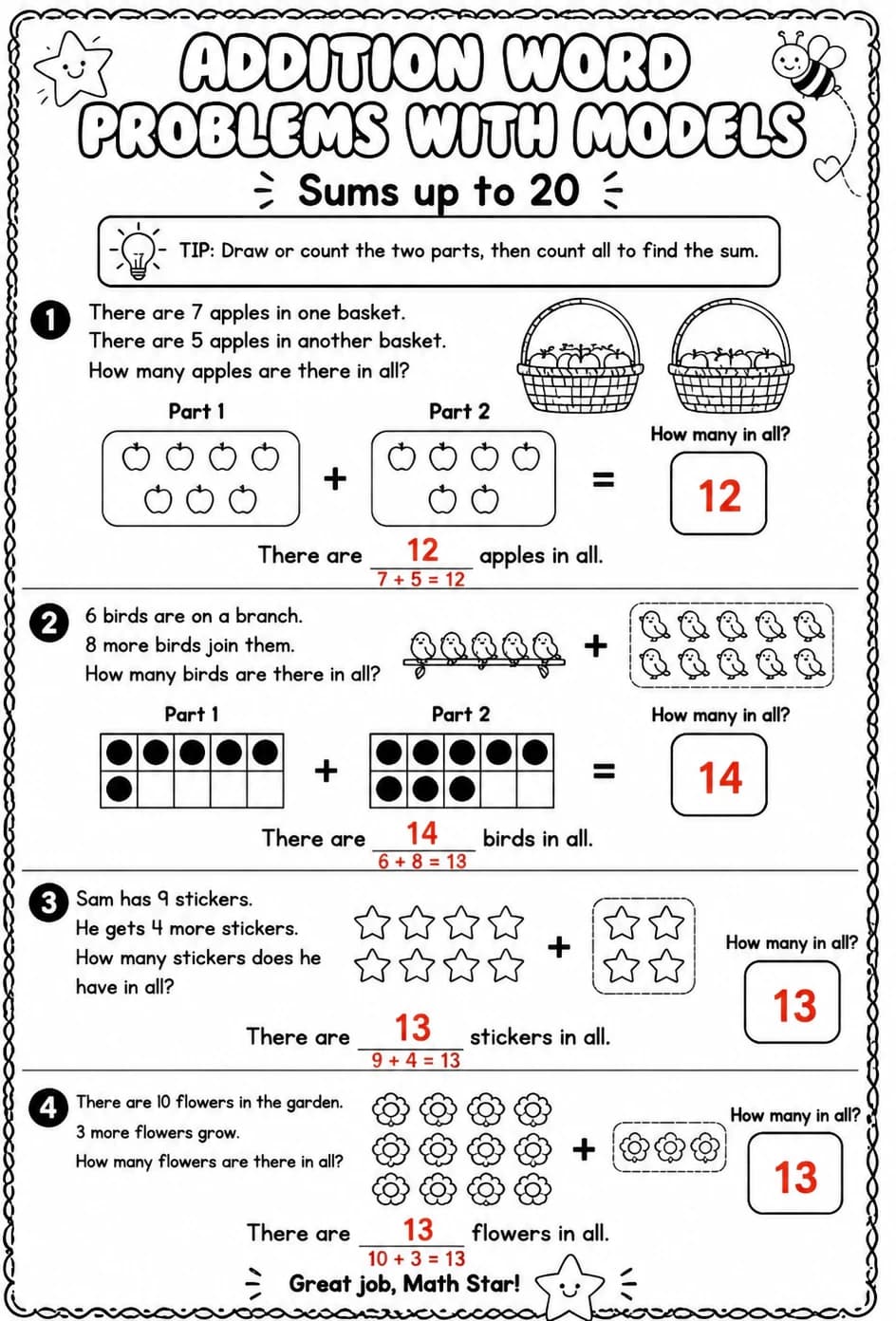 Answer key for Addition word problems with models - sums up to 20 — free printable Math worksheet