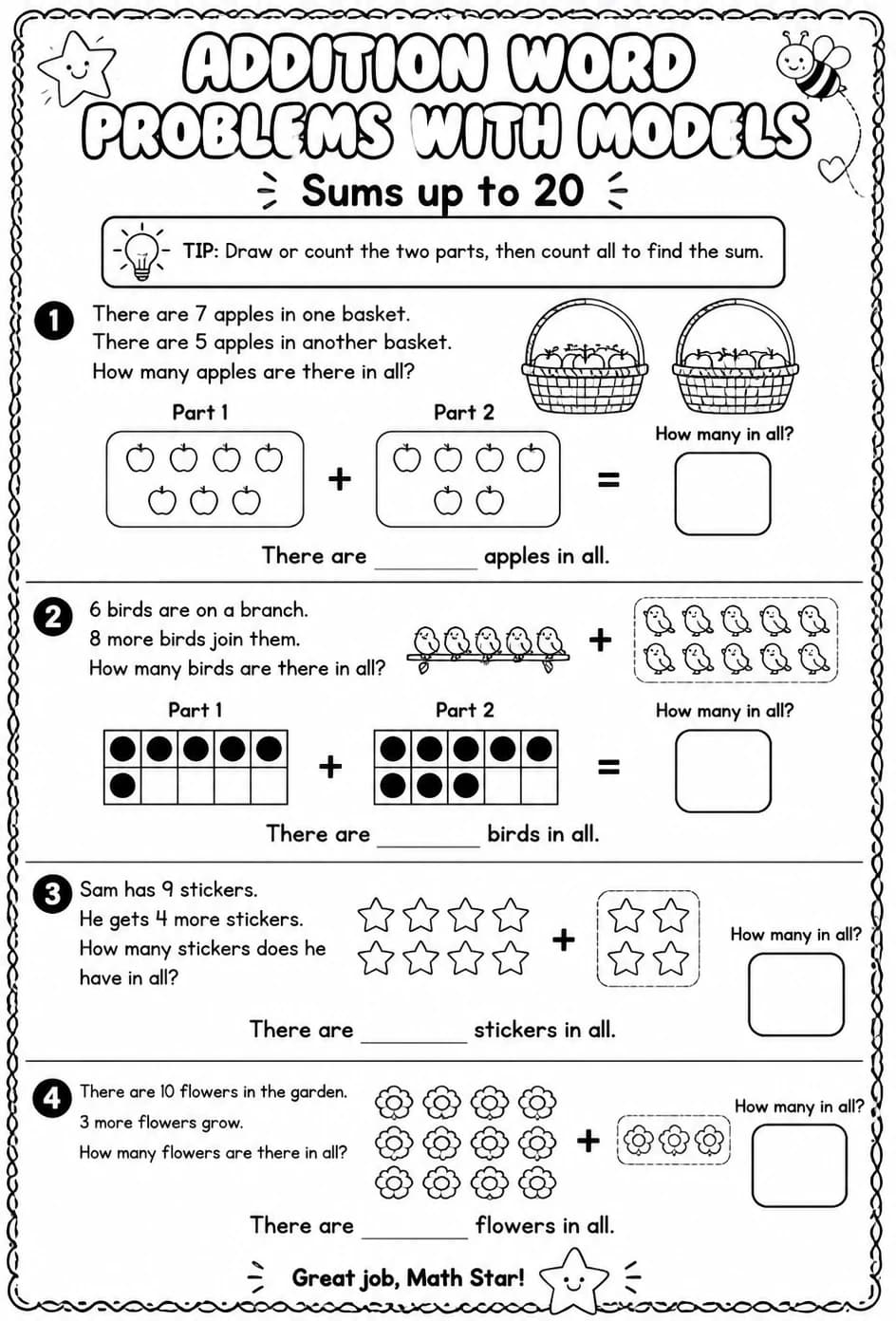 Addition word problems with models - sums up to 20 — free printable Grade 1 math worksheet