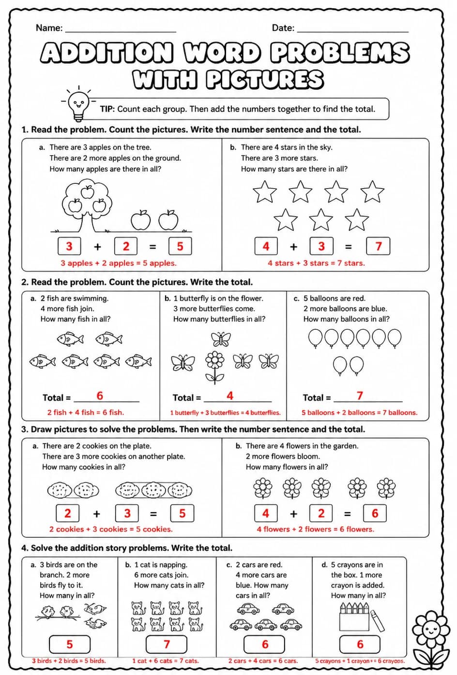 Answer key for Addition word problems with pictures - sums up to 10 — free printable Math worksheet