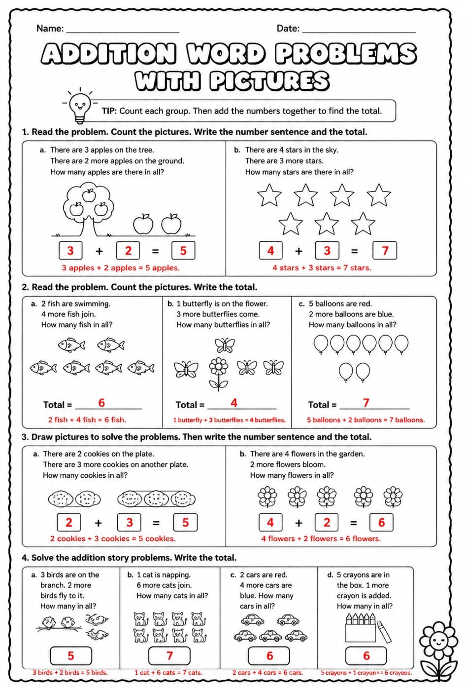 Answer key for Addition word problems with pictures - sums up to 10 — free printable Math worksheet