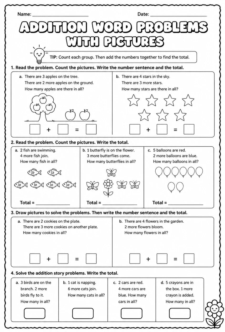 Addition word problems with pictures - sums up to 10 — free printable Grade 1 math worksheet